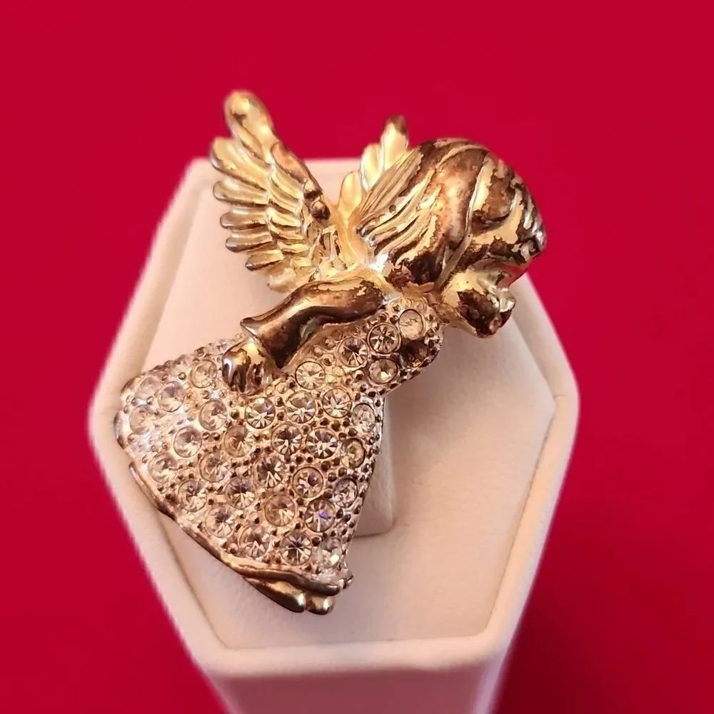 Roman Signed Yellow Gold Tone Crystal Angel Pin Brooch